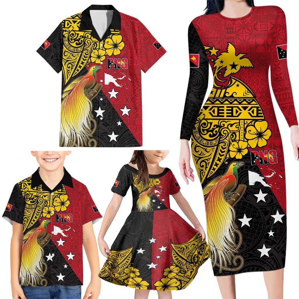 Papua New Guinea Independence Day Family Matching Long Sleeve Bodycon Dress and Hawaiian Shirt Bird-of-Paradise with Map and Polynesian Pattern