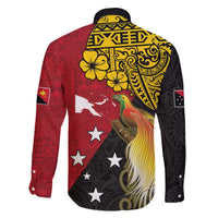 Papua New Guinea Independence Day Family Matching Off The Shoulder Long Sleeve Dress and Hawaiian Shirt Bird-of-Paradise with Map and Polynesian Pattern