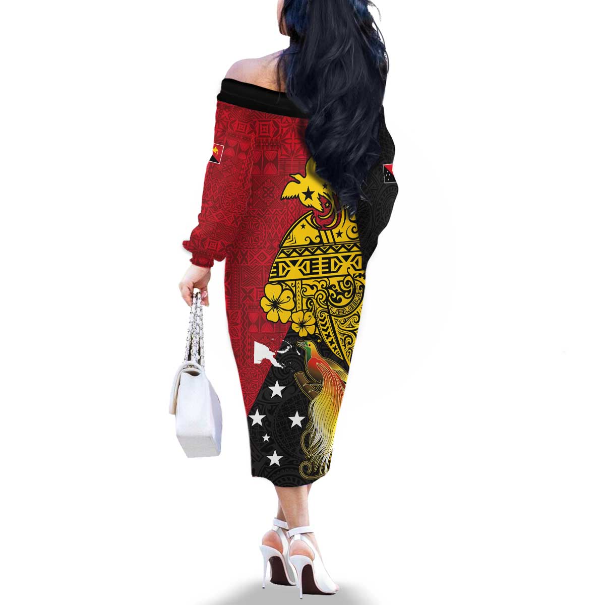 Papua New Guinea Independence Day Family Matching Off The Shoulder Long Sleeve Dress and Hawaiian Shirt Bird-of-Paradise with Map and Polynesian Pattern