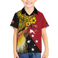 Papua New Guinea Independence Day Family Matching Off The Shoulder Long Sleeve Dress and Hawaiian Shirt Bird-of-Paradise with Map and Polynesian Pattern