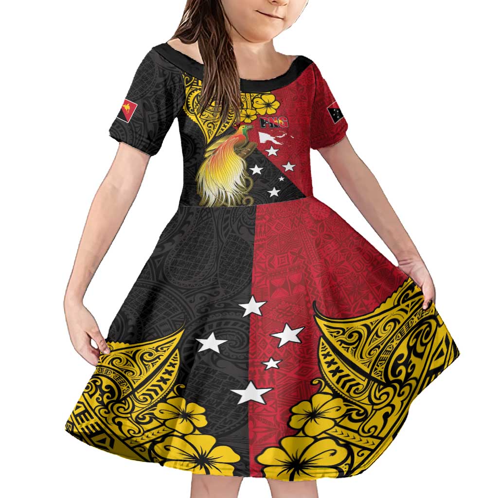 Papua New Guinea Independence Day Family Matching Off Shoulder Short Dress and Hawaiian Shirt Bird-of-Paradise with Map and Polynesian Pattern LT03 Daughter's Dress Black - Polynesian Pride