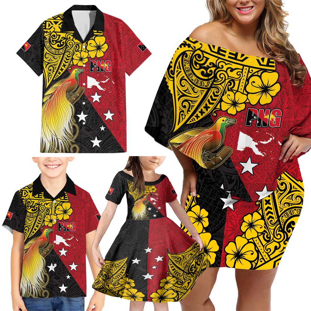 Papua New Guinea Independence Day Family Matching Off Shoulder Short Dress and Hawaiian Shirt Bird-of-Paradise with Map and Polynesian Pattern