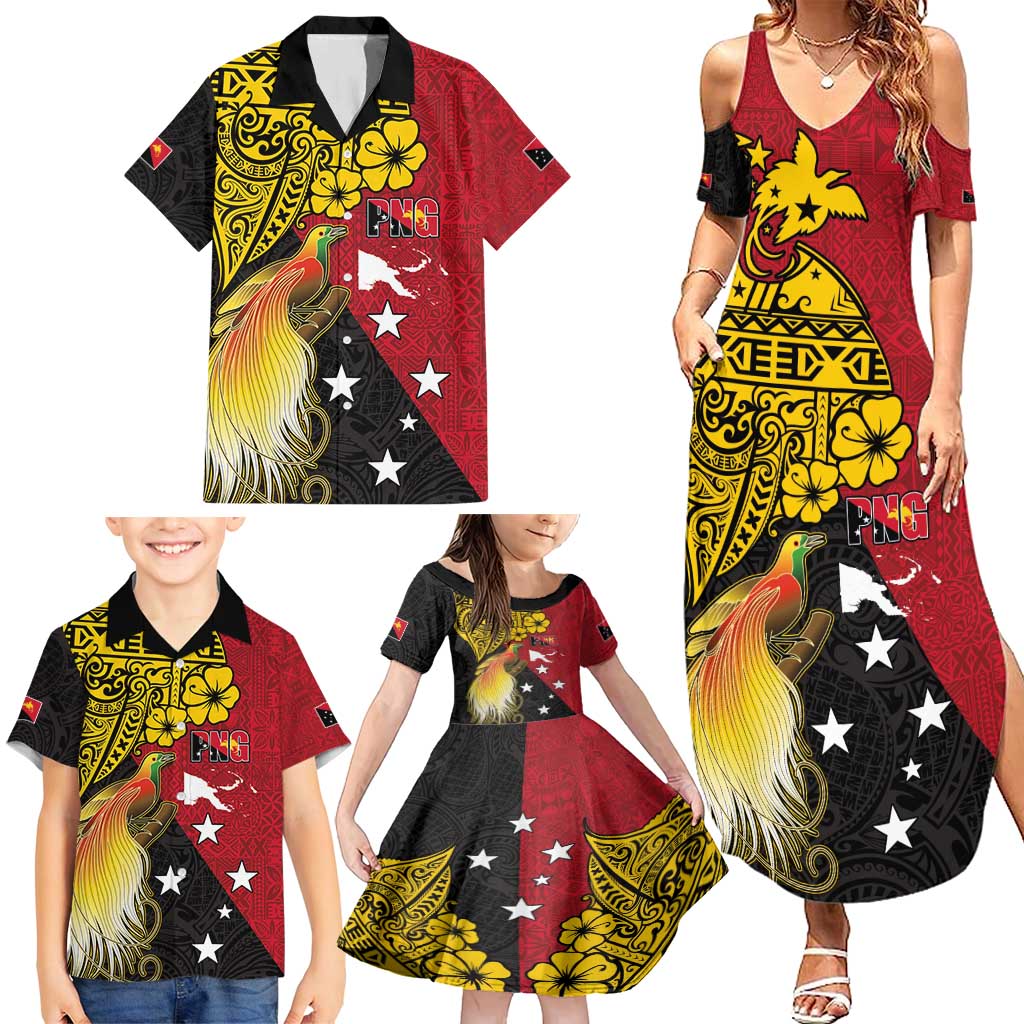 Papua New Guinea Independence Day Family Matching Summer Maxi Dress and Hawaiian Shirt Bird-of-Paradise with Map and Polynesian Pattern