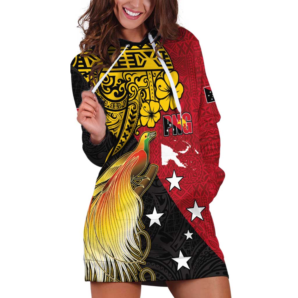 Papua New Guinea Independence Day Hoodie Dress Bird-of-Paradise with Map and Polynesian Pattern