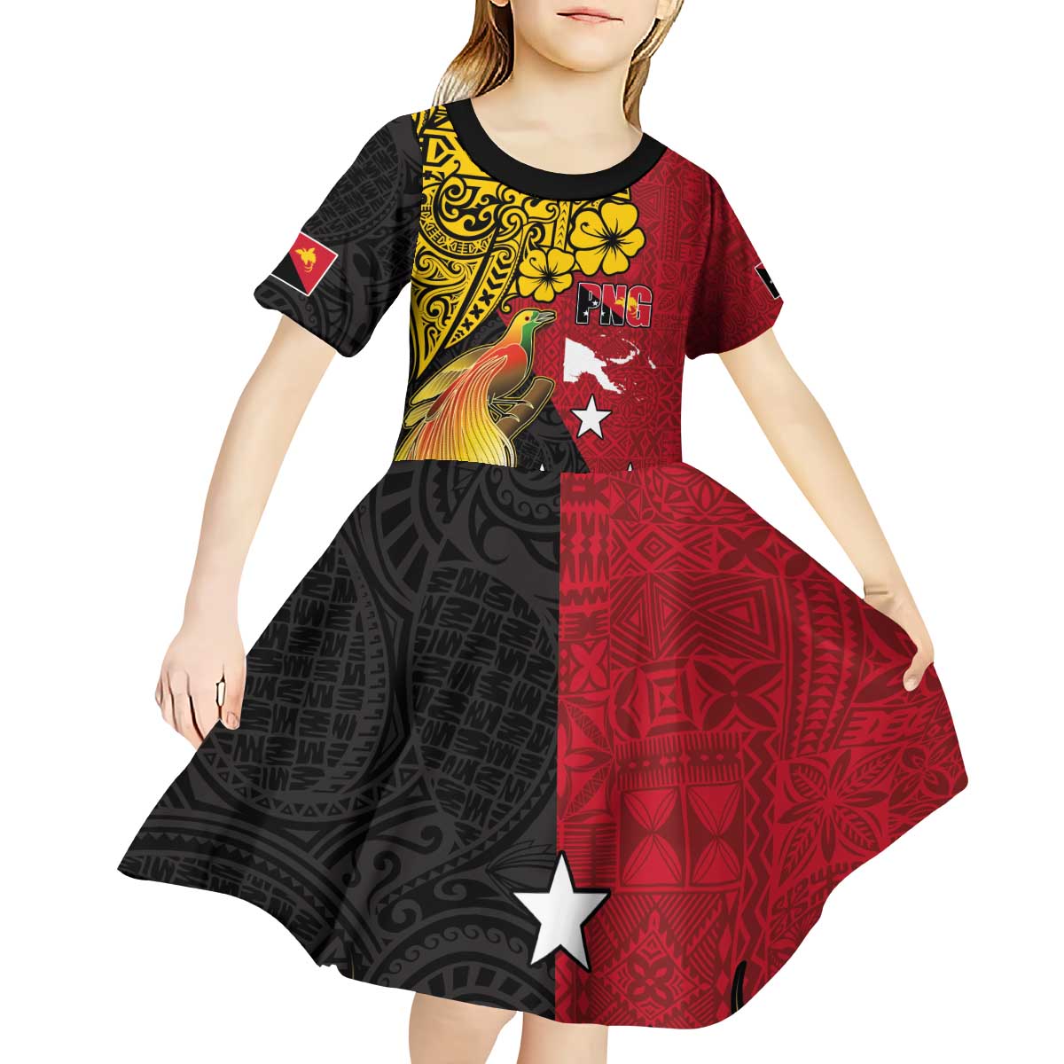 Papua New Guinea Independence Day Kid Short Sleeve Dress Bird-of-Paradise with Map and Polynesian Pattern