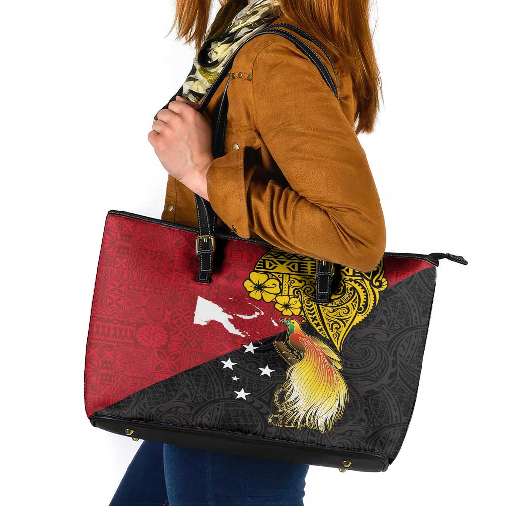 Papua New Guinea Independence Day Leather Tote Bag Bird-of-Paradise with Map and Polynesian Pattern LT03 Black - Polynesian Pride
