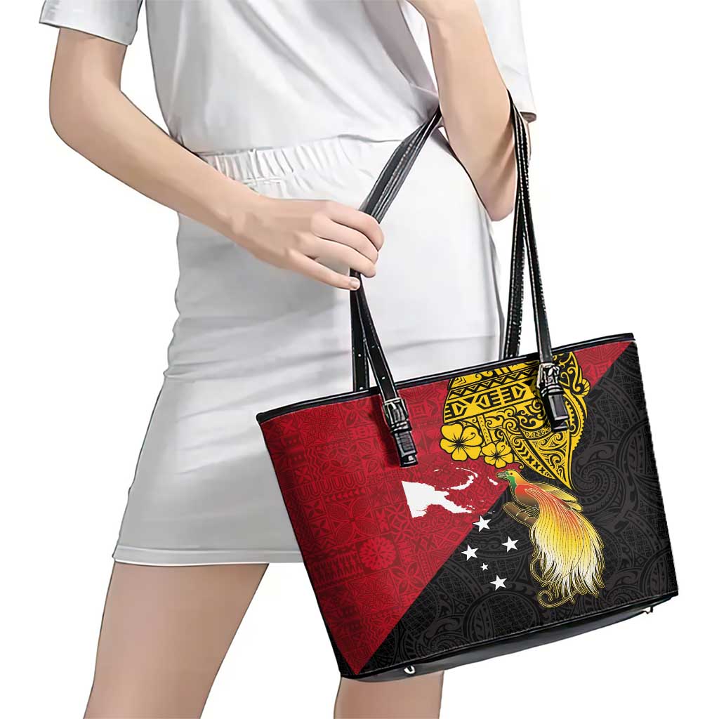 Papua New Guinea Independence Day Leather Tote Bag Bird-of-Paradise with Map and Polynesian Pattern LT03 - Polynesian Pride