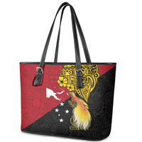 Papua New Guinea Independence Day Leather Tote Bag Bird-of-Paradise with Map and Polynesian Pattern LT03 - Polynesian Pride