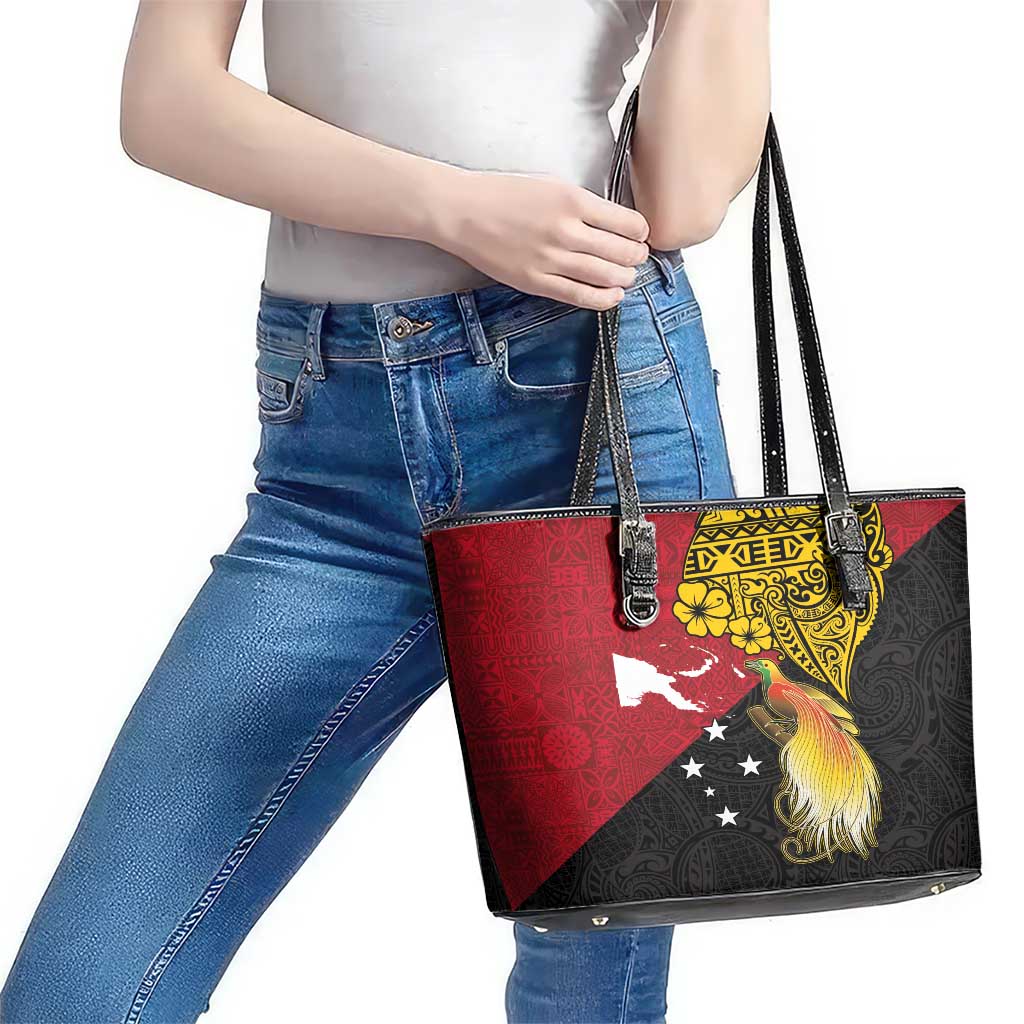 Papua New Guinea Independence Day Leather Tote Bag Bird-of-Paradise with Map and Polynesian Pattern LT03 - Polynesian Pride