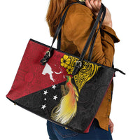 Papua New Guinea Independence Day Leather Tote Bag Bird-of-Paradise with Map and Polynesian Pattern LT03 - Polynesian Pride