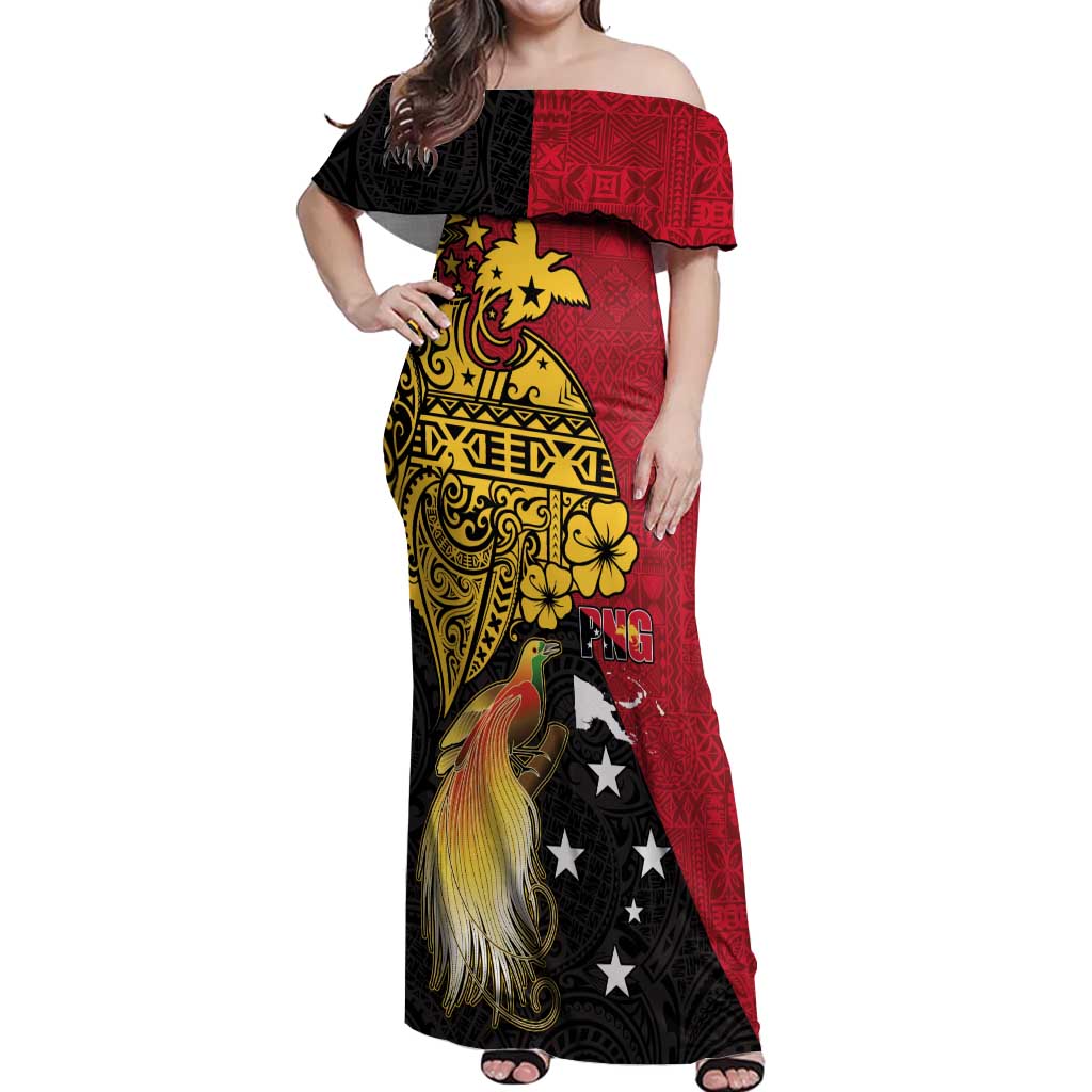 Papua New Guinea Independence Day Off Shoulder Maxi Dress Bird-of-Paradise with Map and Polynesian Pattern