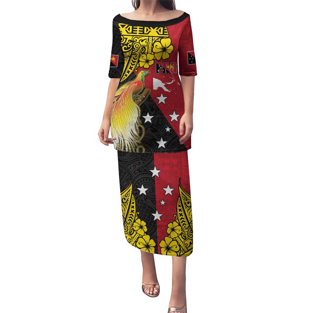 Papua New Guinea Independence Day Puletasi Bird-of-Paradise with Map and Polynesian Pattern LT03 Long Dress Black - Polynesian Pride
