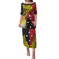 Papua New Guinea Independence Day Puletasi Bird-of-Paradise with Map and Polynesian Pattern LT03 Long Dress Black - Polynesian Pride