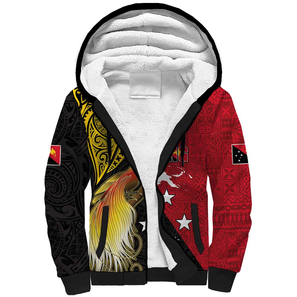 Papua New Guinea Independence Day Sherpa Hoodie Bird-of-Paradise with Map and Polynesian Pattern