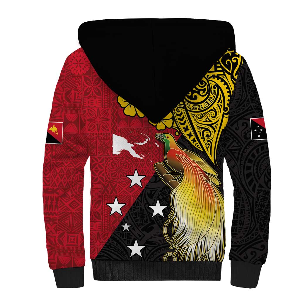 Papua New Guinea Independence Day Sherpa Hoodie Bird-of-Paradise with Map and Polynesian Pattern LT03 - Polynesian Pride
