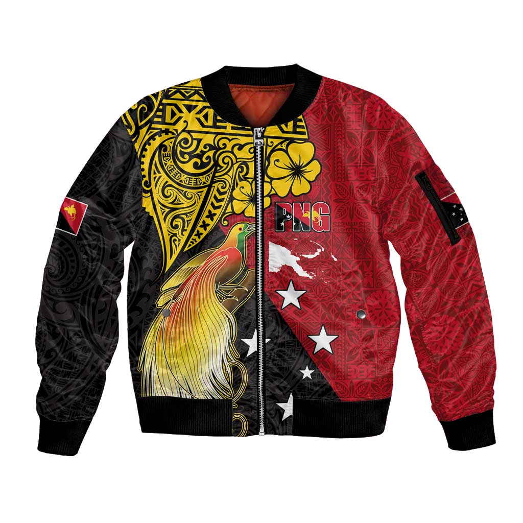 Papua New Guinea Independence Day Sleeve Zip Bomber Jacket Bird-of-Paradise with Map and Polynesian Pattern LT03 Unisex Black - Polynesian Pride