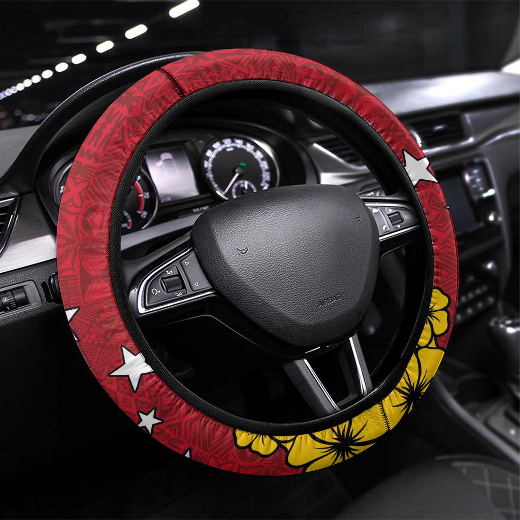 Papua New Guinea Independence Day Steering Wheel Cover Bird-of-Paradise with Map and Polynesian Pattern LT03 Universal Fit Black - Polynesian Pride