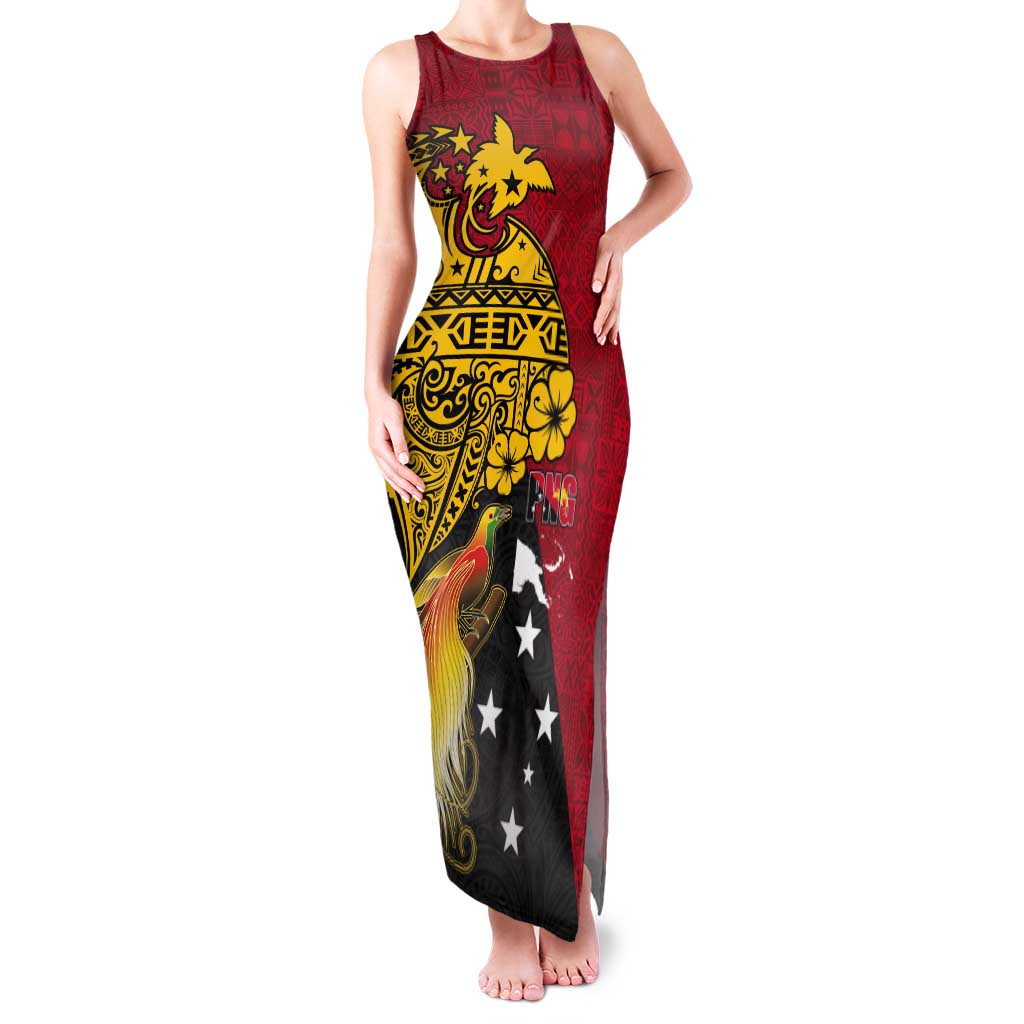 Papua New Guinea Independence Day Tank Maxi Dress Bird-of-Paradise with Map and Polynesian Pattern