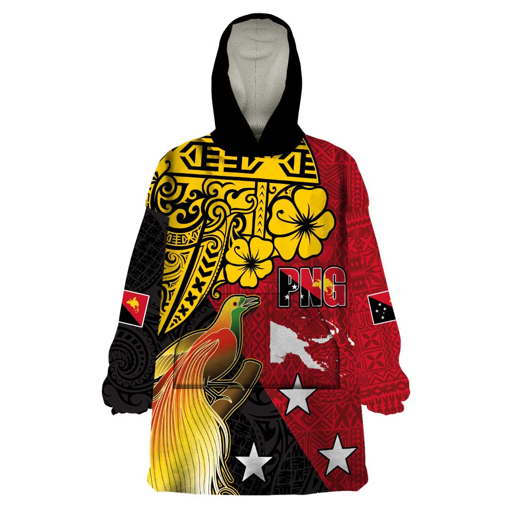 Papua New Guinea Independence Day Wearable Blanket Hoodie Bird-of-Paradise with Map and Polynesian Pattern LT03 One Size Black - Polynesian Pride