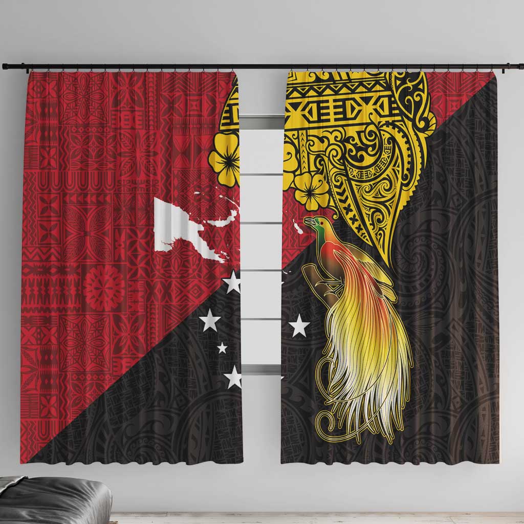 Papua New Guinea Independence Day Window Curtain Bird-of-Paradise with Map and Polynesian Pattern LT03 With Hooks Black - Polynesian Pride