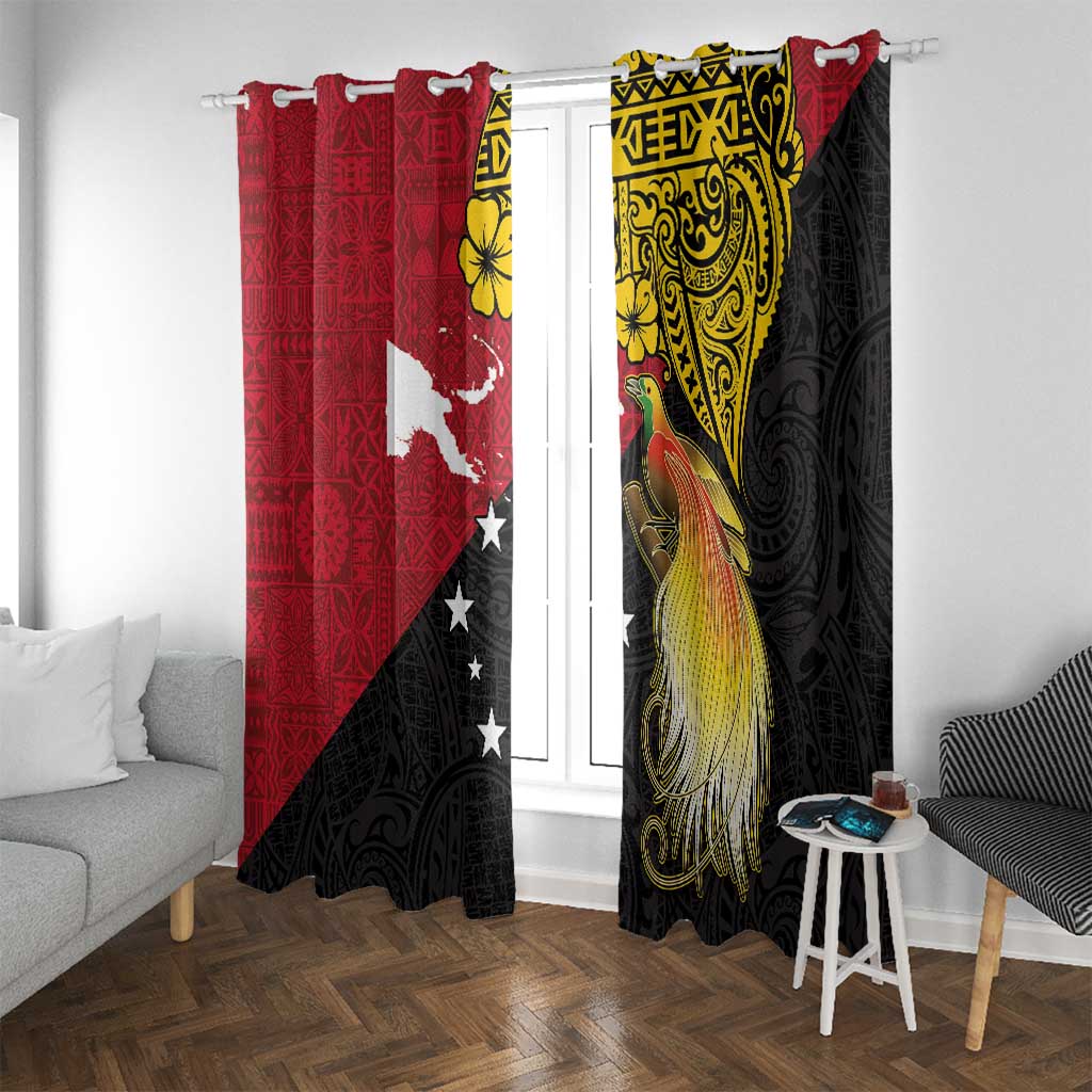 Papua New Guinea Independence Day Window Curtain Bird-of-Paradise with Map and Polynesian Pattern LT03 With Grommets Black - Polynesian Pride