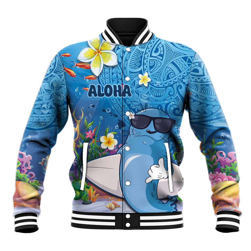 Aloha Hawaiian Monk Seal Baseball Jacket Polynesian Tattoo The Ocean and Undersea Vibe LT03 Unisex Blue - Polynesian Pride