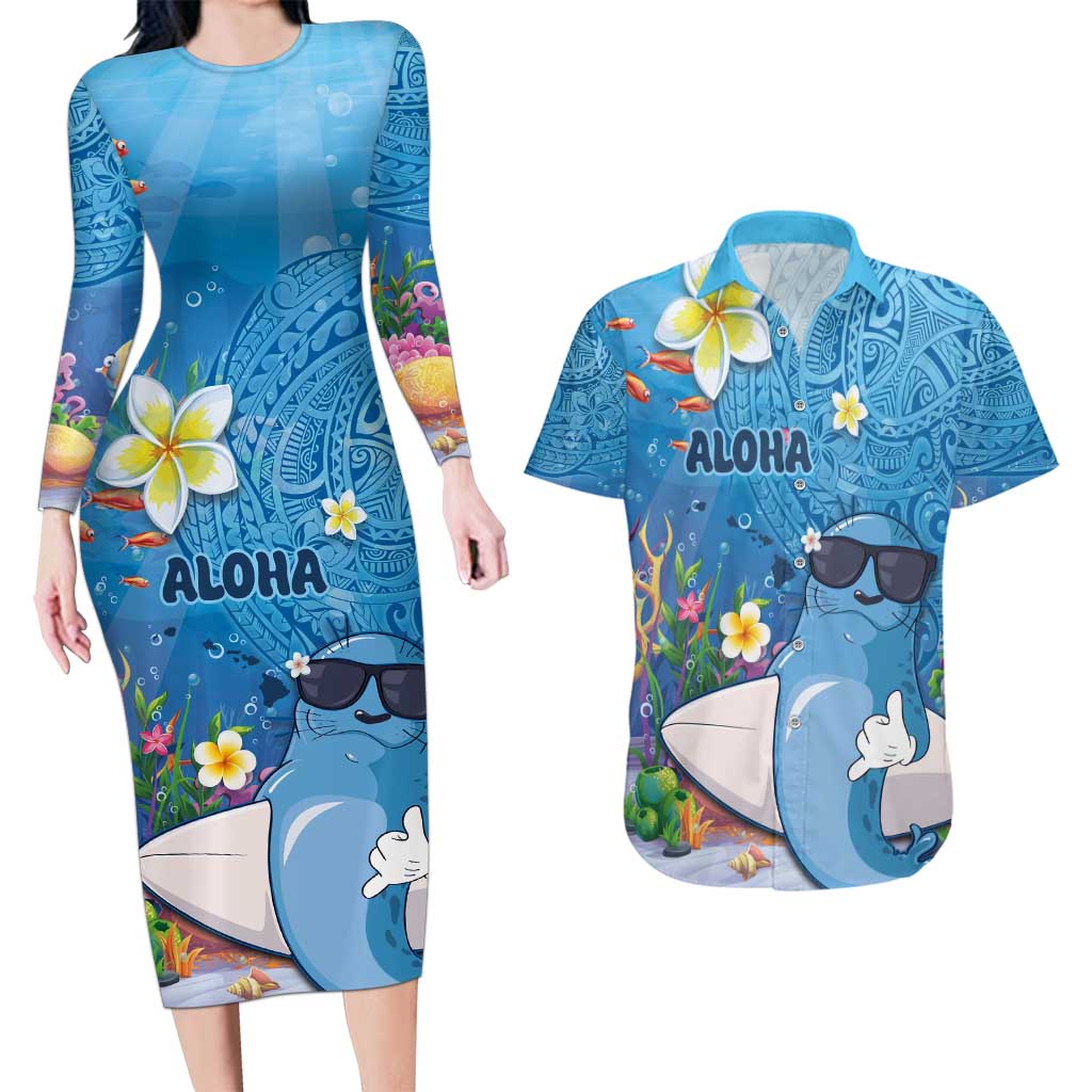 Aloha Hawaiian Monk Seal Couples Matching Long Sleeve Bodycon Dress and Hawaiian Shirt Polynesian Tattoo The Ocean and Undersea Vibe