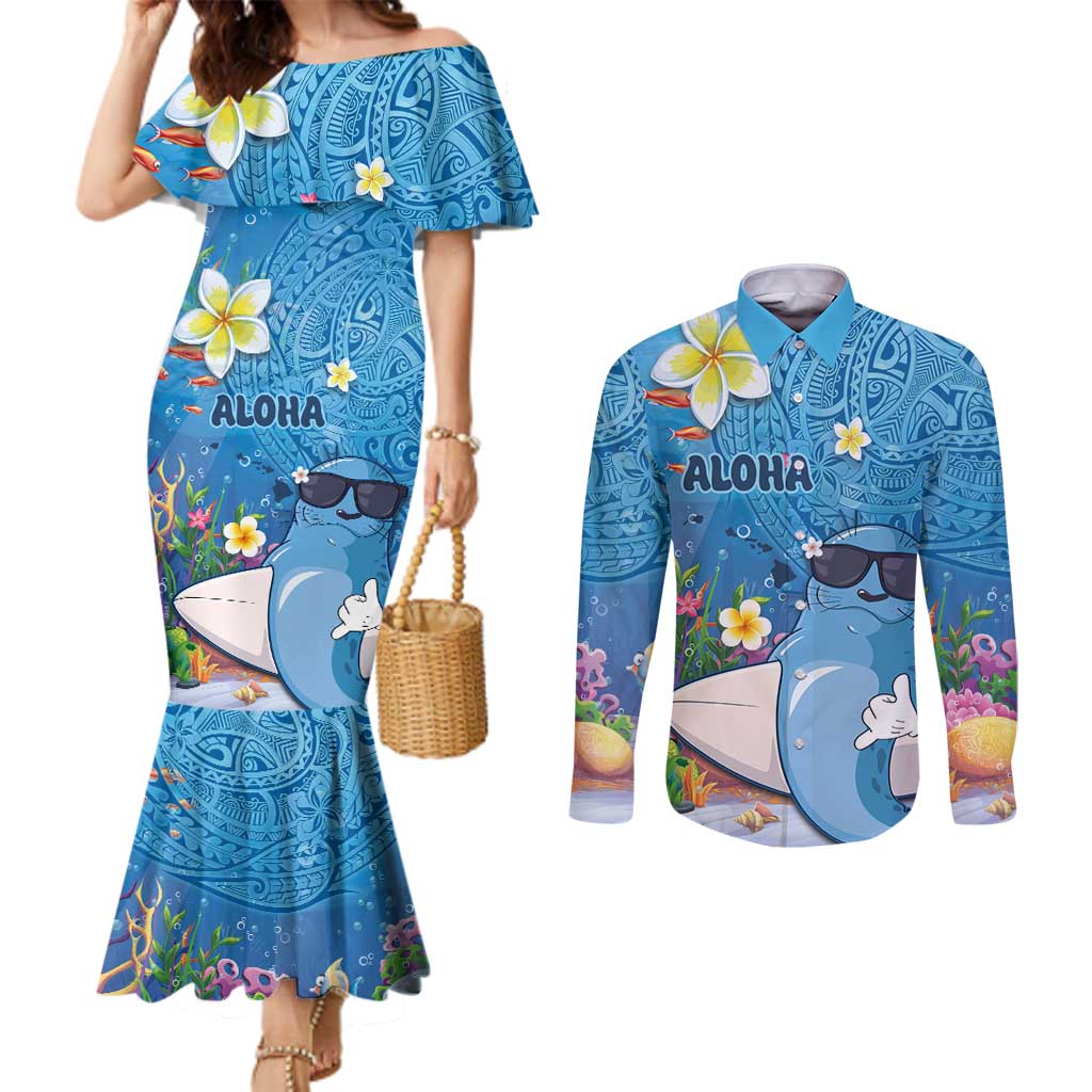 Aloha Hawaiian Monk Seal Couples Matching Mermaid Dress and Long Sleeve Button Shirt Polynesian Tattoo The Ocean and Undersea Vibe LT03 Blue - Polynesian Pride