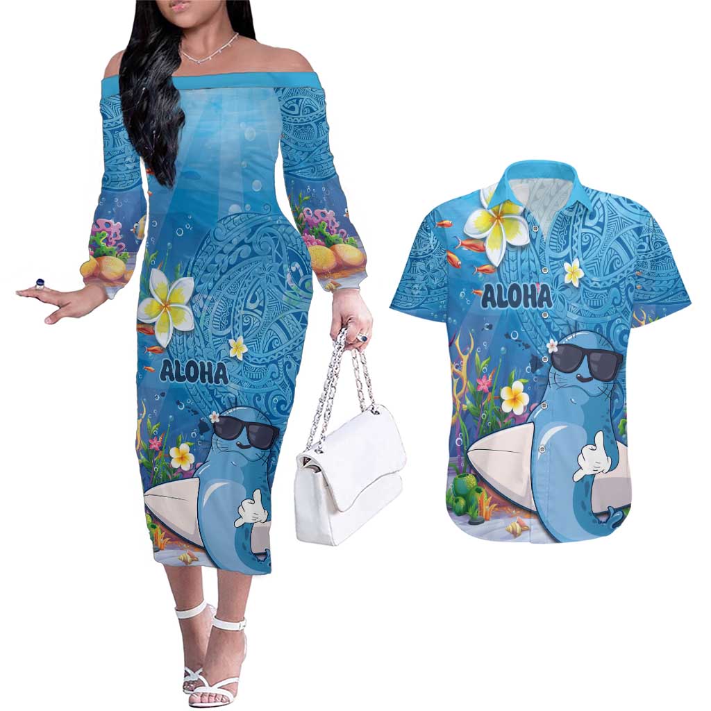 Aloha Hawaiian Monk Seal Couples Matching Off The Shoulder Long Sleeve Dress and Hawaiian Shirt Polynesian Tattoo The Ocean and Undersea Vibe LT03 Blue - Polynesian Pride