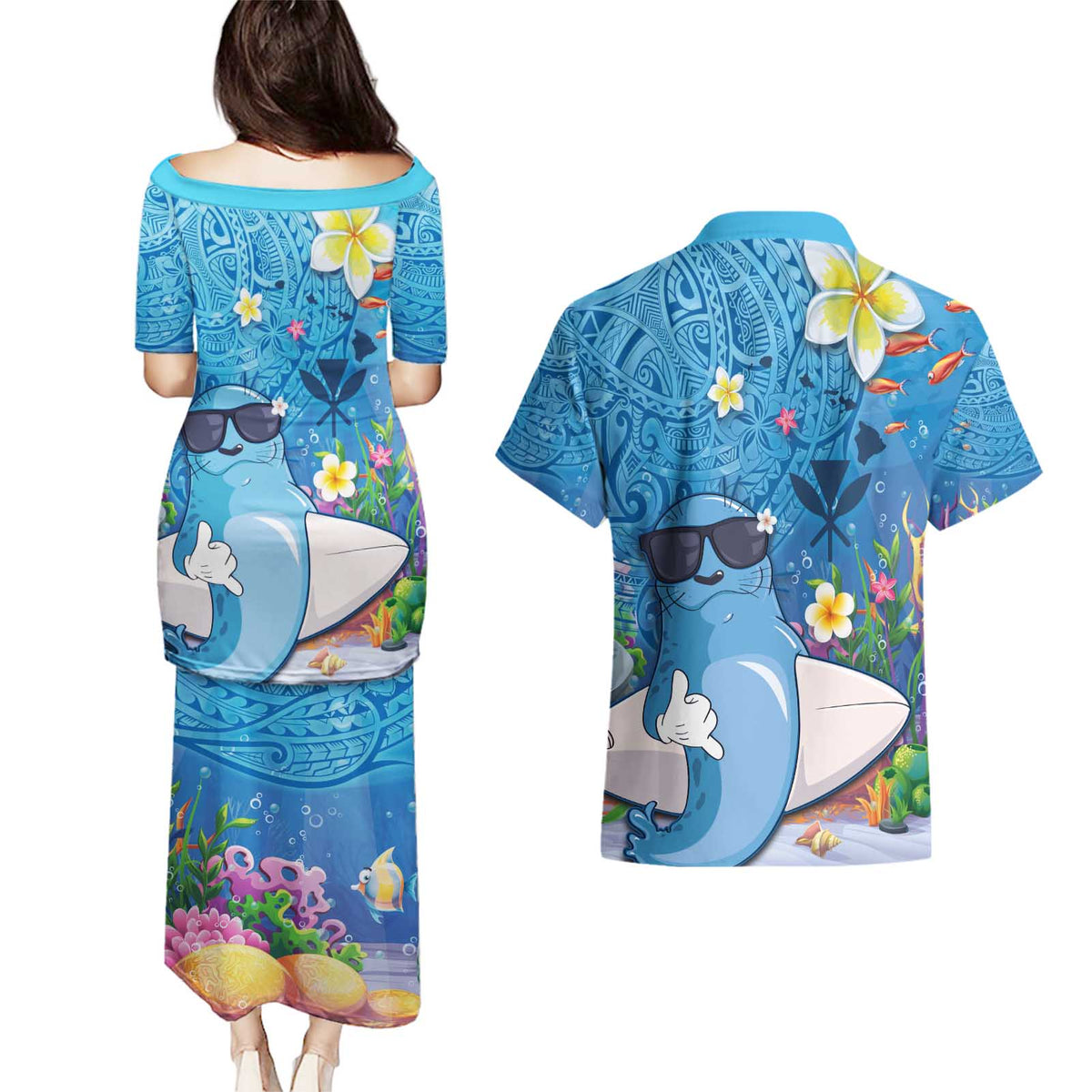 Aloha Hawaiian Monk Seal Couples Matching Puletasi and Hawaiian Shirt Polynesian Tattoo The Ocean and Undersea Vibe
