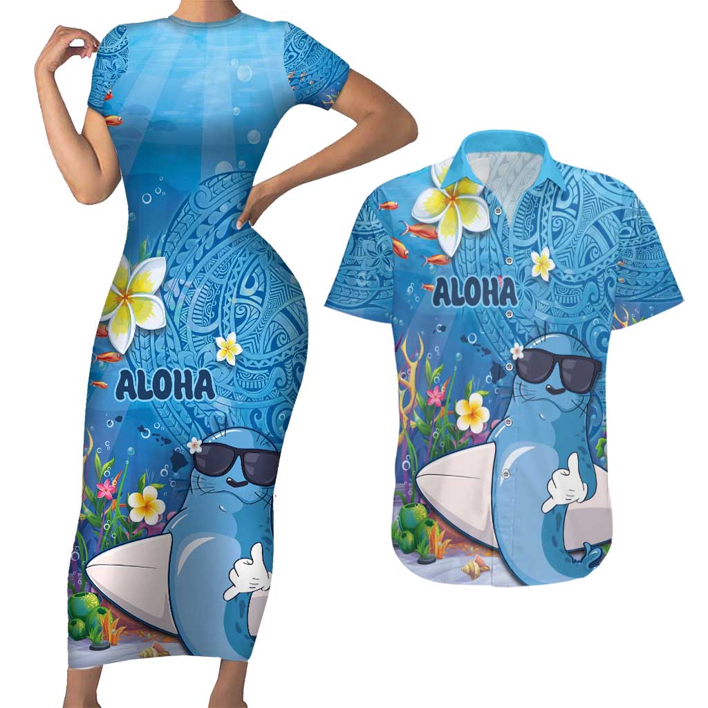 Aloha Hawaiian Monk Seal Couples Matching Short Sleeve Bodycon Dress and Hawaiian Shirt Polynesian Tattoo The Ocean and Undersea Vibe