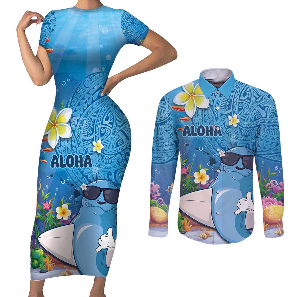 Aloha Hawaiian Monk Seal Couples Matching Short Sleeve Bodycon Dress and Long Sleeve Button Shirt Polynesian Tattoo The Ocean and Undersea Vibe LT03 Blue - Polynesian Pride