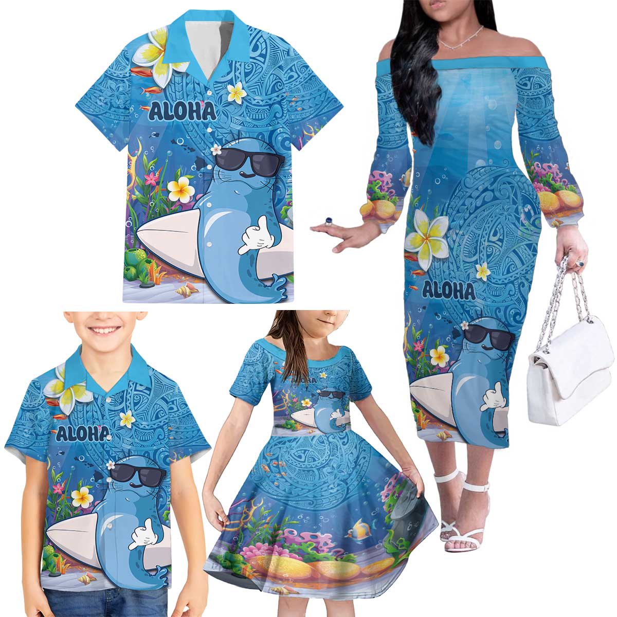 Aloha Hawaiian Monk Seal Family Matching Off The Shoulder Long Sleeve Dress and Hawaiian Shirt Polynesian Tattoo The Ocean and Undersea Vibe