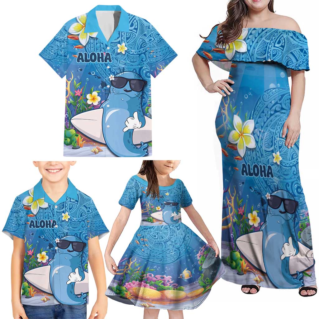 Aloha Hawaiian Monk Seal Family Matching Off Shoulder Maxi Dress and Hawaiian Shirt Polynesian Tattoo The Ocean and Undersea Vibe