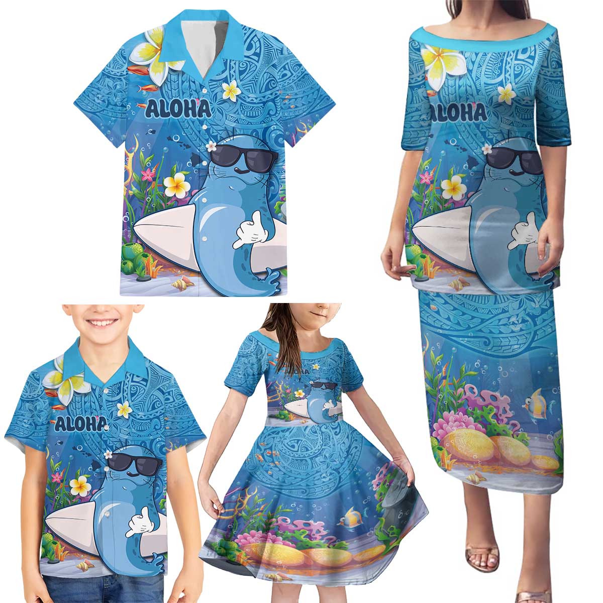 Aloha Hawaiian Monk Seal Family Matching Puletasi and Hawaiian Shirt Polynesian Tattoo The Ocean and Undersea Vibe