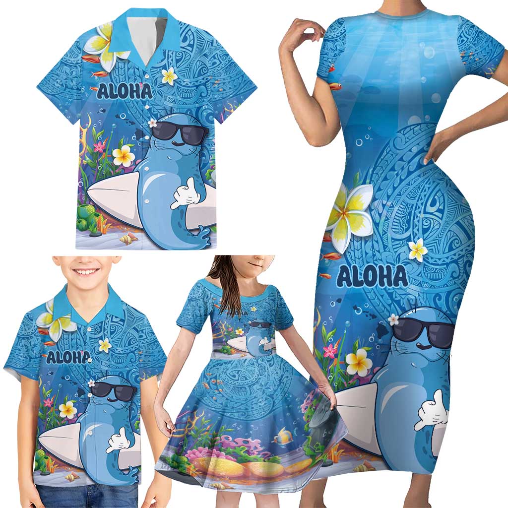 Aloha Hawaiian Monk Seal Family Matching Short Sleeve Bodycon Dress and Hawaiian Shirt Polynesian Tattoo The Ocean and Undersea Vibe