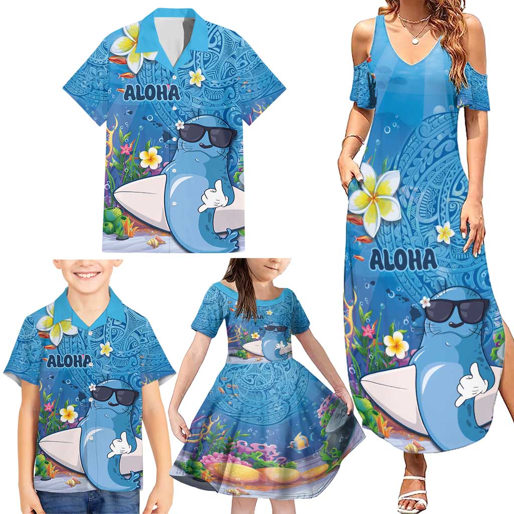 Aloha Hawaiian Monk Seal Family Matching Summer Maxi Dress and Hawaiian Shirt Polynesian Tattoo The Ocean and Undersea Vibe