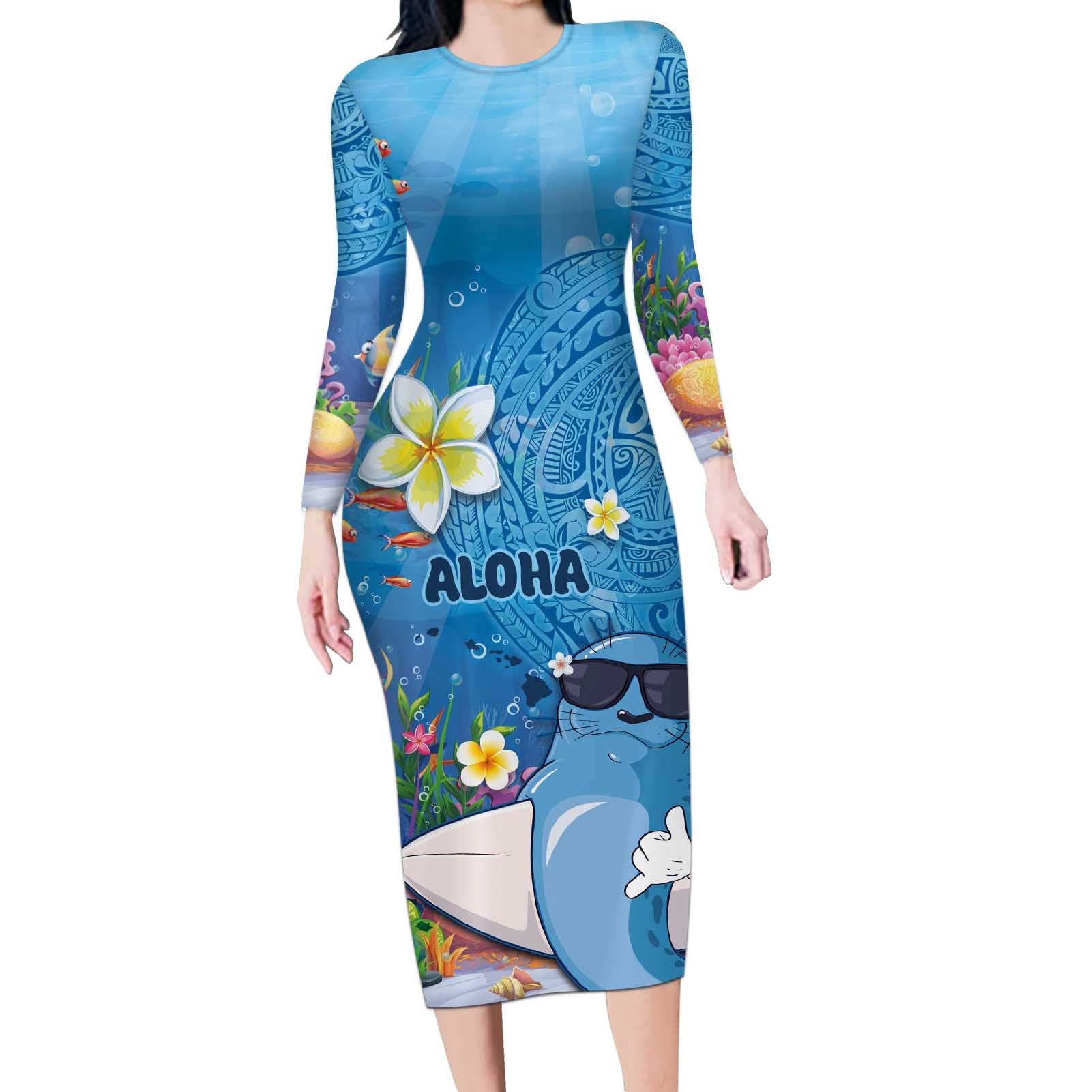 Aloha Hawaiian Monk Seal Long Sleeve Bodycon Dress Polynesian Tattoo The Ocean and Undersea Vibe