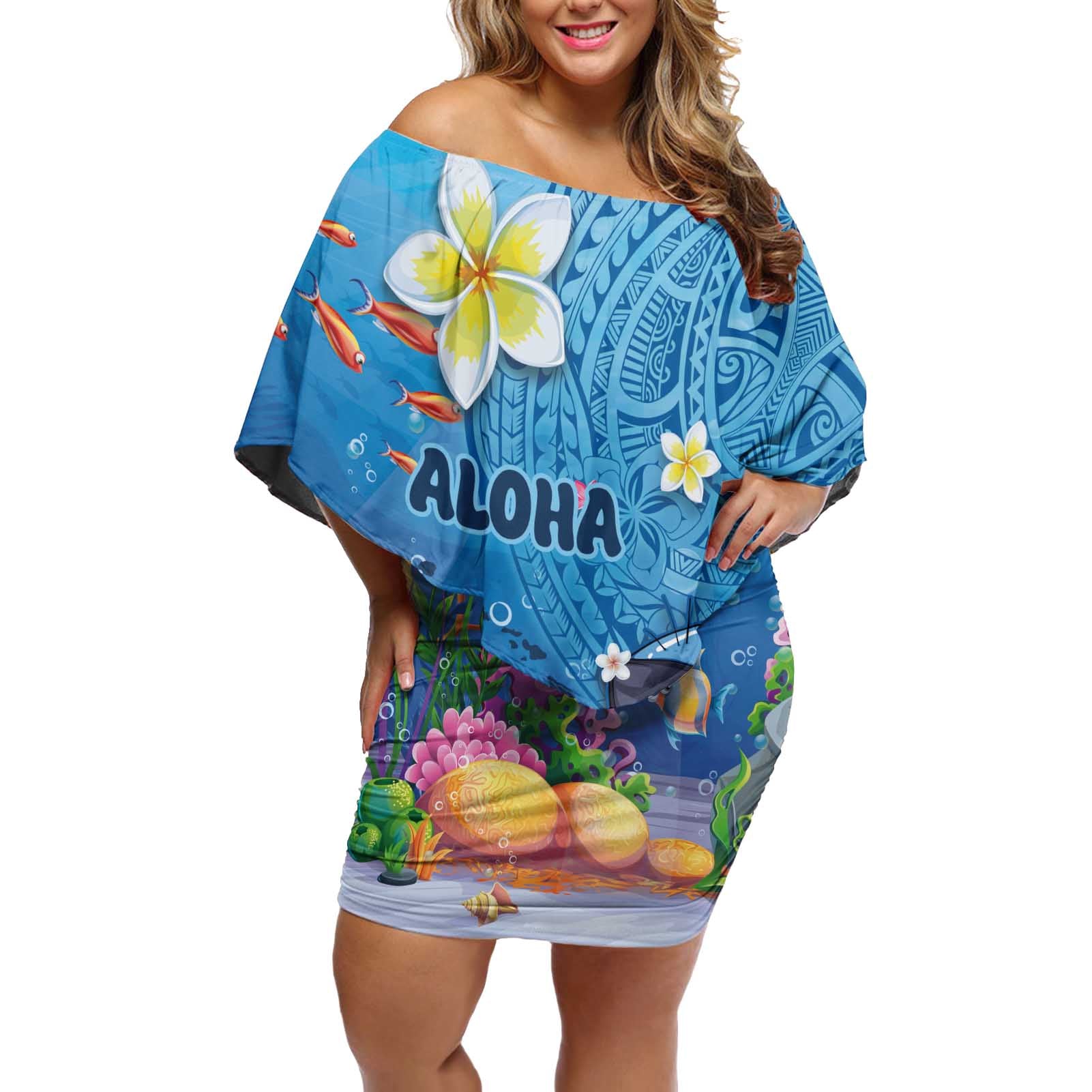 Aloha Hawaiian Monk Seal Off Shoulder Short Dress Polynesian Tattoo The Ocean and Undersea Vibe