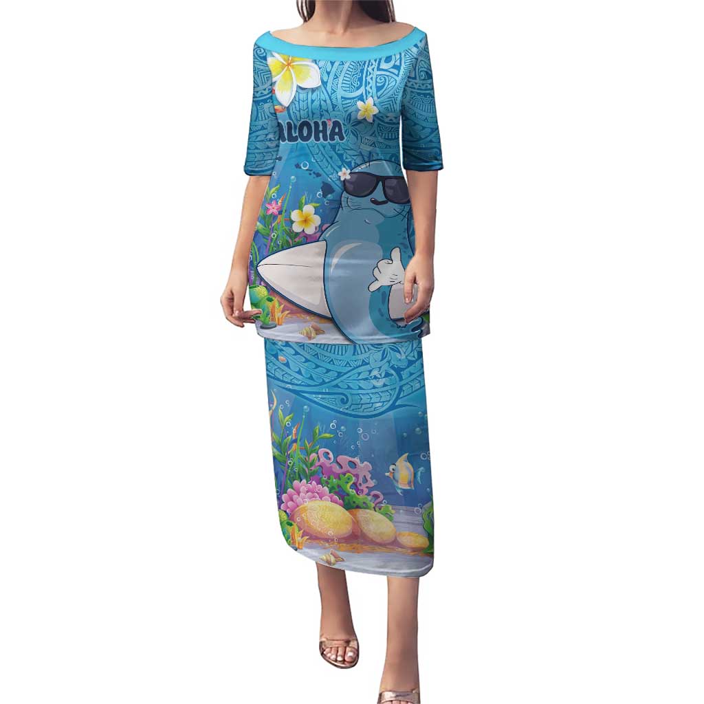 Aloha Hawaiian Monk Seal Puletasi Polynesian Tattoo The Ocean and Undersea Vibe LT03 Long Dress Blue - Polynesian Pride