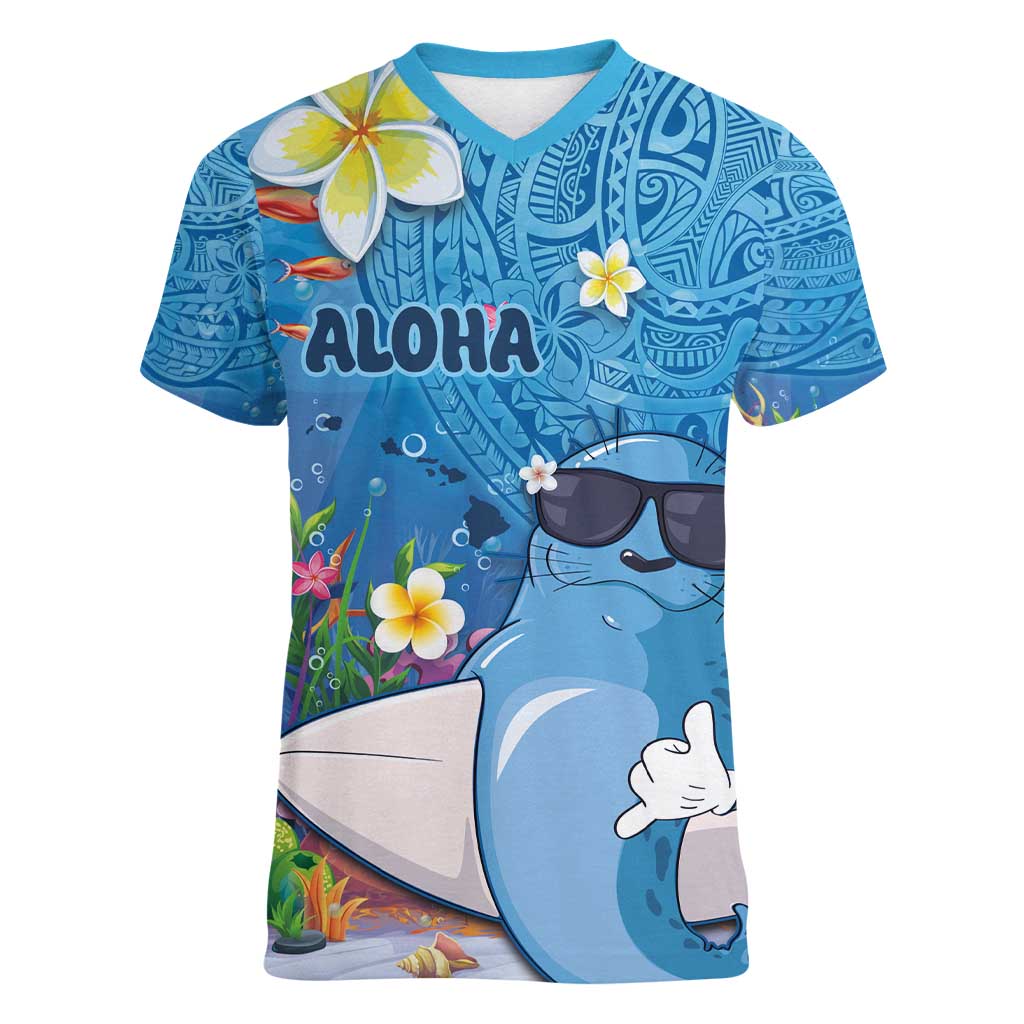 Aloha Hawaiian Monk Seal Women V-Neck T-Shirt Polynesian Tattoo The Ocean and Undersea Vibe