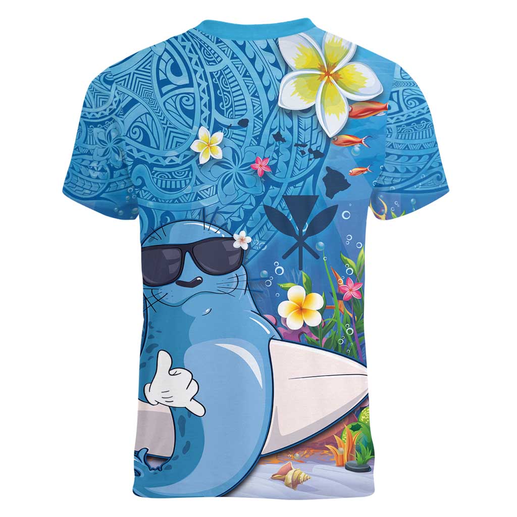 Aloha Hawaiian Monk Seal Women V-Neck T-Shirt Polynesian Tattoo The Ocean and Undersea Vibe