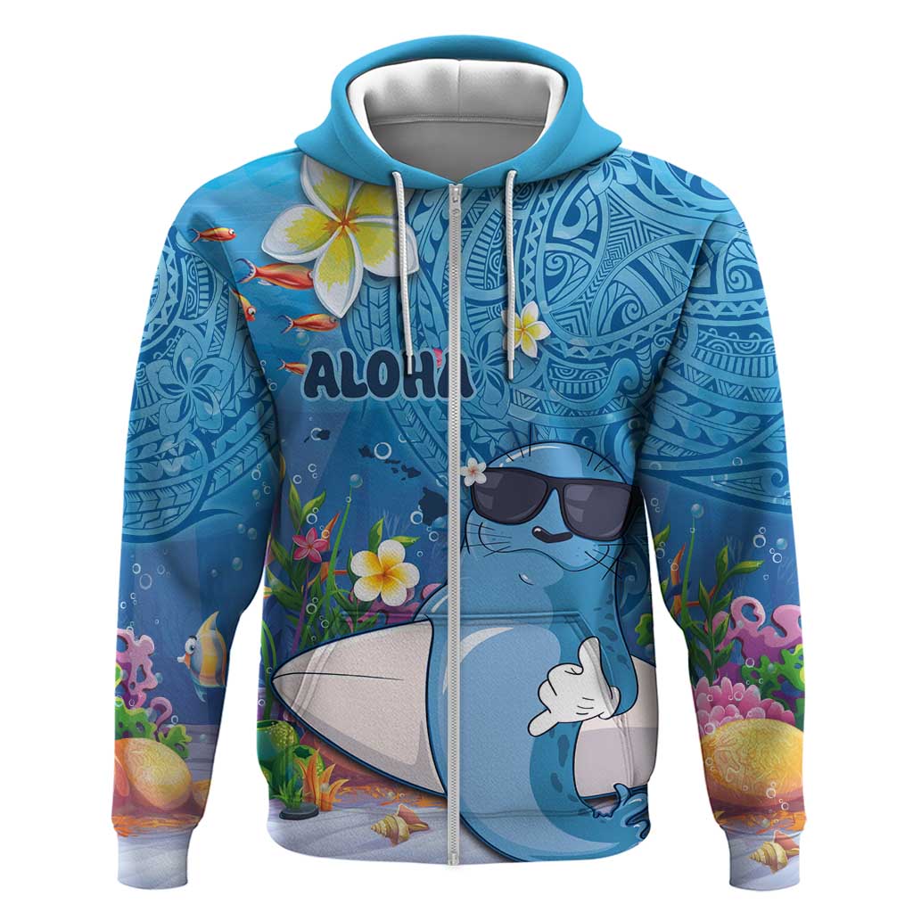 Aloha Hawaiian Monk Seal Zip Hoodie Polynesian Tattoo The Ocean and Undersea Vibe