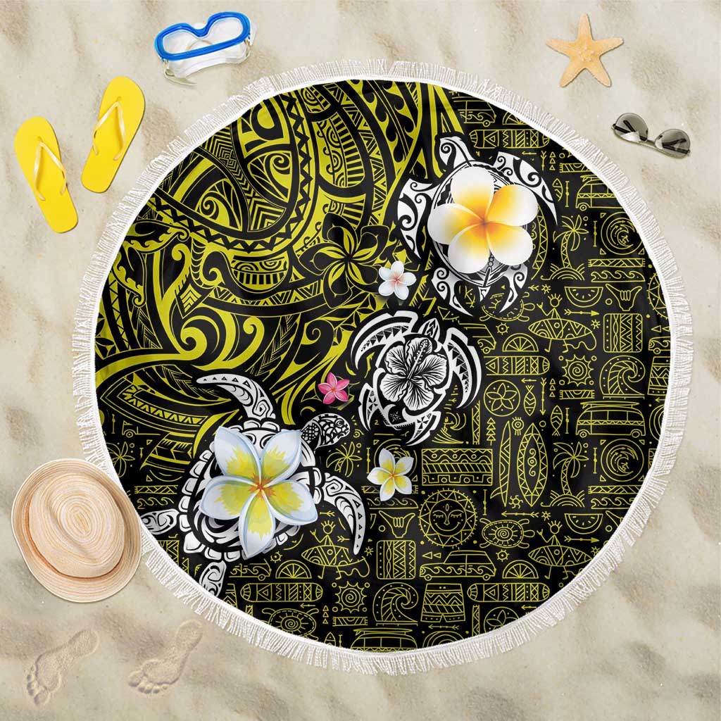 Hawaiian Turtle and Plumeria Beach Blanket Polynesian Tattoo and Tribal Elements Pattern Yellow Color LT03 One Size 150cm Yellow - Polynesian Pride