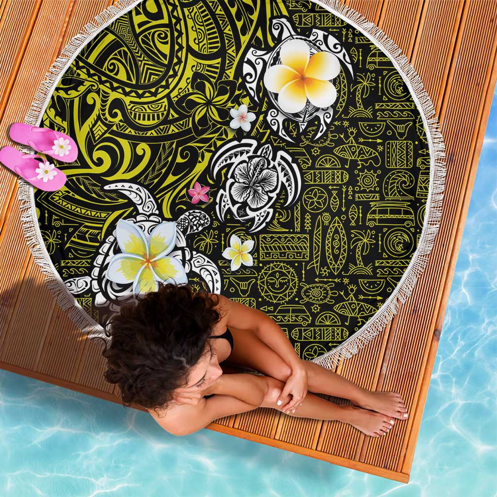 Hawaiian Turtle and Plumeria Beach Blanket Polynesian Tattoo and Tribal Elements Pattern Yellow Color LT03 - Polynesian Pride