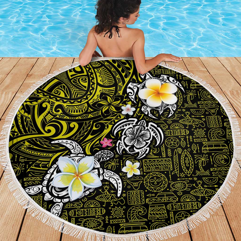 Hawaiian Turtle and Plumeria Beach Blanket Polynesian Tattoo and Tribal Elements Pattern Yellow Color LT03 - Polynesian Pride