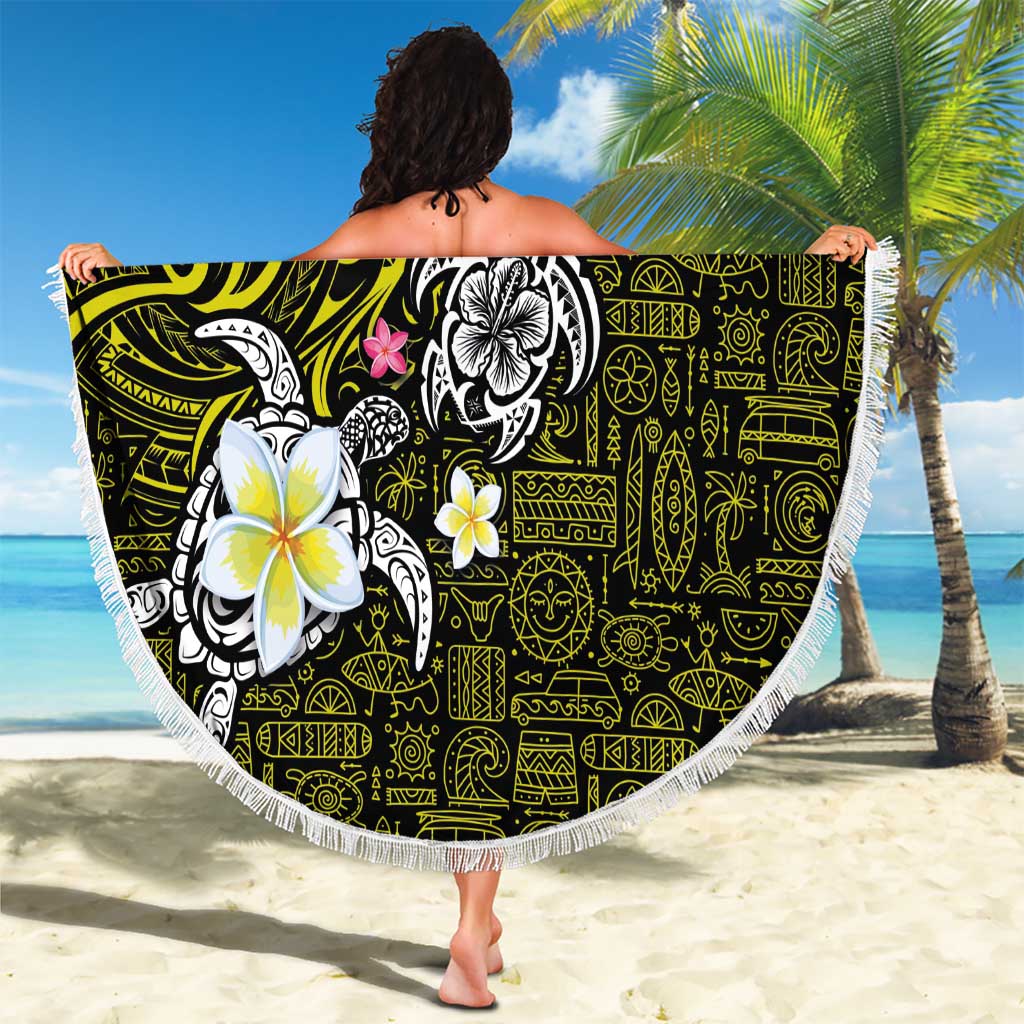 Hawaiian Turtle and Plumeria Beach Blanket Polynesian Tattoo and Tribal Elements Pattern Yellow Color LT03 - Polynesian Pride