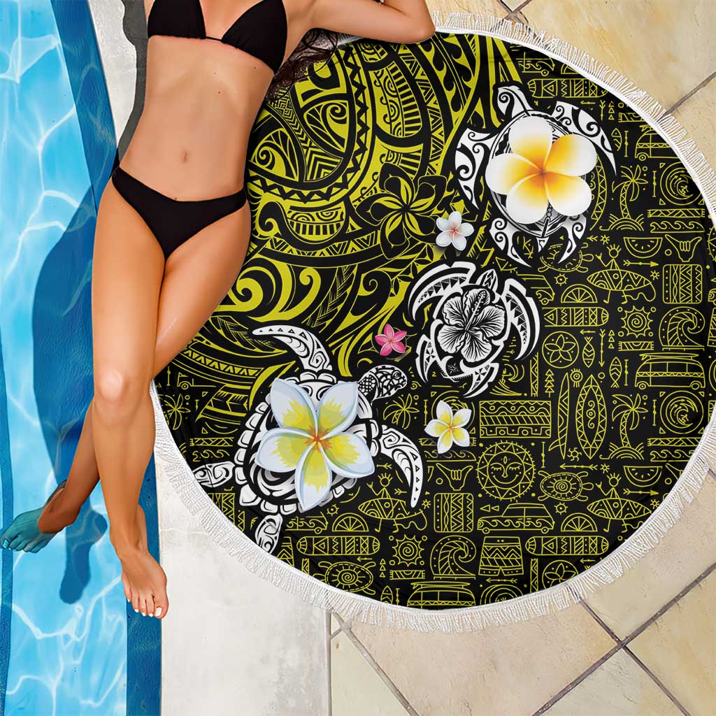 Hawaiian Turtle and Plumeria Beach Blanket Polynesian Tattoo and Tribal Elements Pattern Yellow Color LT03 - Polynesian Pride