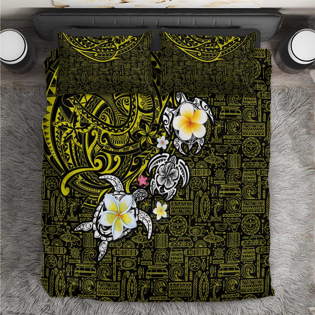 Hawaiian Turtle and Plumeria Bedding Set Polynesian Tattoo and Tribal Elements Pattern Yellow Color