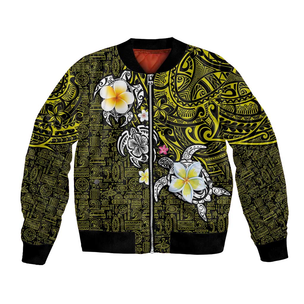 Hawaiian Turtle and Plumeria Bomber Jacket Polynesian Tattoo and Tribal Elements Pattern Yellow Color